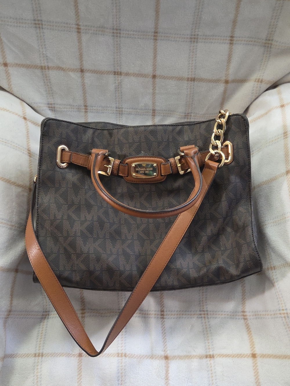 Michael Kors Brown Logo Shoulder Bag with Tan Trim and Gold Hardware